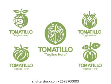 Eine Kollektion von 5 Tomatillo-Logos, perfekt für Unternehmen der Lebensmittel-, Agrar- und Wellnessbranche. Diese Logos konzentrieren sich auf die frischen und geschmackvollen Qualitäten von Tomatillos.