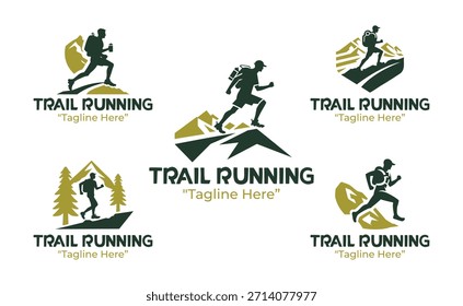 Eine Kollektion von 5 Logodesigns mit Trailrunning, die sich auf Ausdauer, Gelände und Bewegung im Freien konzentrieren. Ideal für Fitness-Branding und athletische Identität.