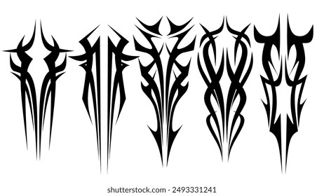 collection of 5 tribal  sword shapes with a stiff touch. Set of Symmetrical Tribal Pattern Cyber ​​Gothic Elements in Abstract White black Print for t-shirt, hoodie and sweatshirt or card, poster