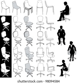 Collection of 5 types of business office chairs for architecture technical and other drawings