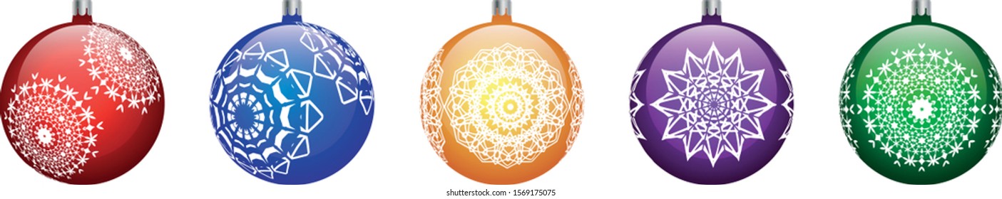 Collection of 5 vector christmas balls with snowflakes