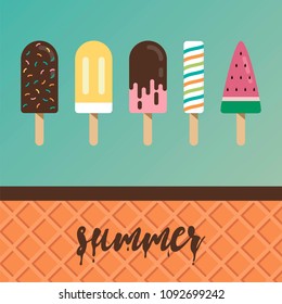 Collection of 5 vector ice cream illustrations with blue background and waffle texture.  National Ice Cream Day. Flat design.