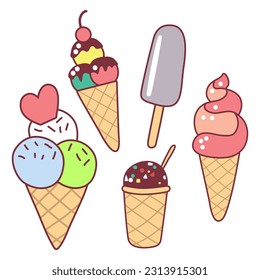 Collection of 5 vector ice cream illustrations on white flat style drawn by hand