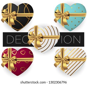 Collection of 5 vector realistic heart shaped gift box with bow and ribbon with handmade patterns, flat lay top view