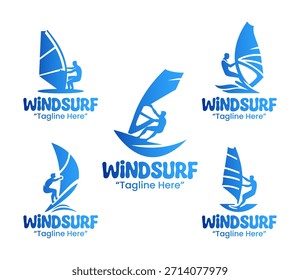 Una colección de 5 diseños de logotipos de windsurf con movimiento impulsado por el viento, acción deportiva acuática y temas de aventuras costeras. Ideal para la marca marina y exterior.