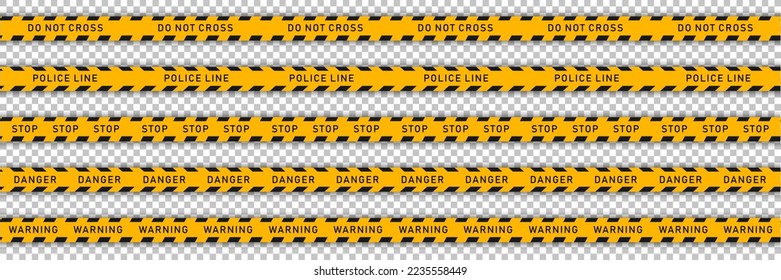 Collection of 5 yellow tapes with black stripes for construction works or crime scene. Seamless warning, caution ribbons on transparent background. Template of endless lines with various text