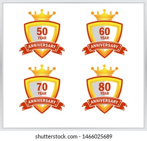 Collection of 50, 60, 70, 80 birthday celebrations with a shield background. four shield with crown icon