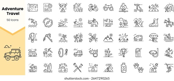 A collection of 50 adventure travel icons showcasing various activities such as hiking, cycling, and camping, outlined in a modern, minimalist style.