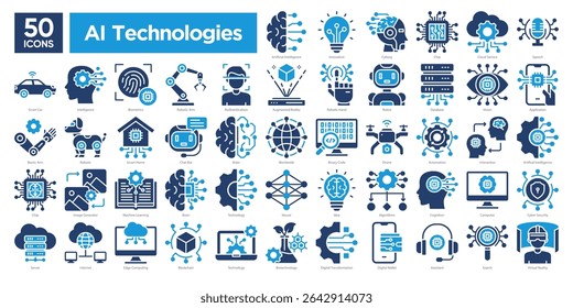 A collection of 50 AI technologies icons featuring robotics, machine learning, cloud services, biometric systems, and more.