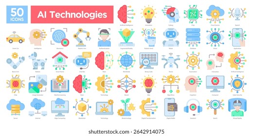 A collection of 50 AI technologies icons featuring robotics, machine learning, cloud services, biometric systems, and more.
