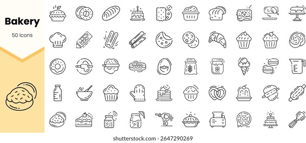 Uma coleção de 50 ícones relacionados à padaria com vários produtos de panificação, como biscoitos, bolos e bolos, destacando a criatividade na ilustração.