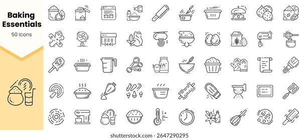 Uma coleção de 50 ícones essenciais de cozimento em um estilo elegante e minimalista, perfeito para cozinha, sites de receitas ou aplicativos culinários.