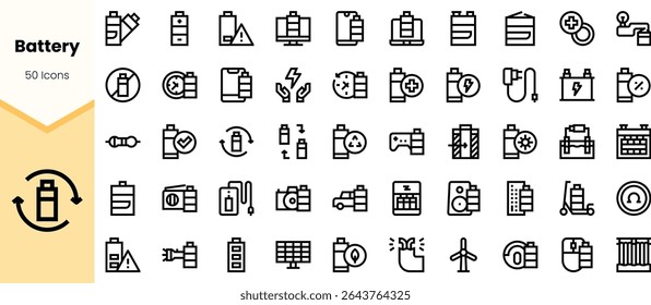 Uma coleção de 50 ícones de bateria em um estilo de arte de linha minimalista, apresentando vários tipos de bateria e cenários de uso, perfeito para projetos técnicos e relacionados à bateria.