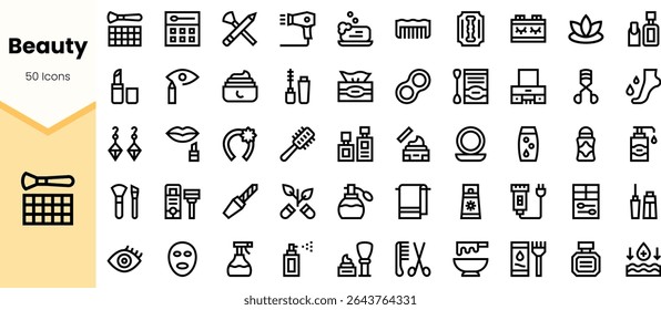 A collection of 50 beauty icons featuring various makeup tools, skincare products, and accessories. The minimalist design showcases essential items for beauty enthusiasts.