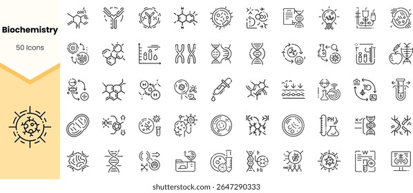 A collection of 50 biochemistry icons featuring various scientific symbols such as DNA, molecules, and laboratory equipment in a sleek, minimalist design.