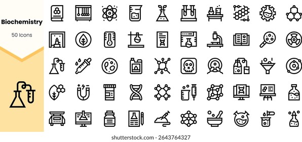 A collection of 50 biochemistry-themed icons, showcasing laboratory equipment, molecular structures, and scientific symbols in a clean, minimalist design.