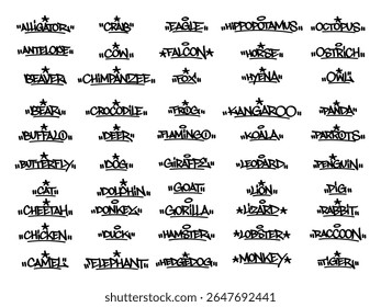 A collection of 50 black graffiti-style animal name tags, hand-drawn with bold street art vibes. Transparent background, perfect for stickers, apparel, or digital use.