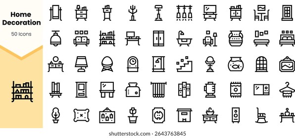 A collection of 50 black line icons showcasing various home decoration elements, including furniture, plants, and accessories, perfect for design projects or interior decorating.