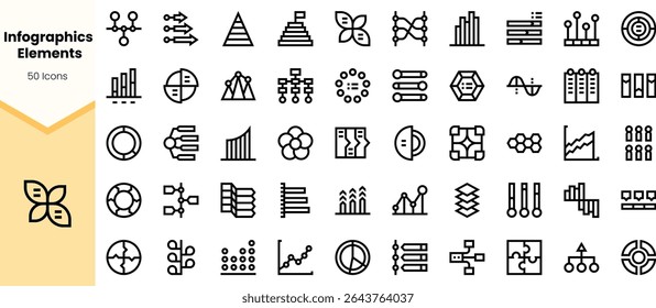 A collection of 50 black line icons representing various infographic elements such as charts, graphs, and data visualizations in a clean, minimalist style.