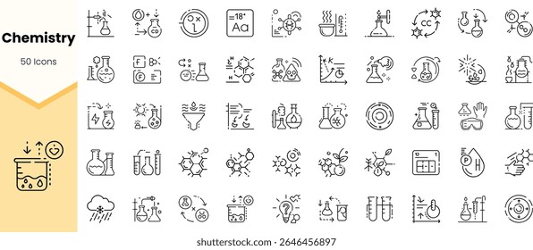 Collection of 50 black and white chemistry icons showcasing laboratory equipment, chemical reactions, and scientific symbols, ideal for educational materials.