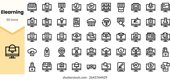 A collection of 50 black and white eLearning icons, featuring symbols for various online teaching and learning activities, set against a clean background.
