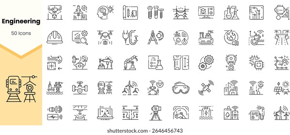 A collection of 50 black and white engineering line icons, showcasing tools, machinery, and concepts related to engineering and technology.