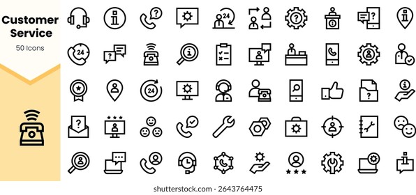 A collection of 50 black and white icons representing various aspects of customer service, including communication, support tools, and user interaction.