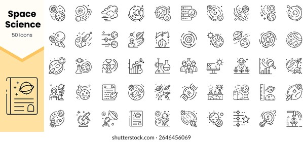 A collection of 50 black and white icons representing various themes in space science, including planets, astronauts, telescopes, and celestial bodies.
