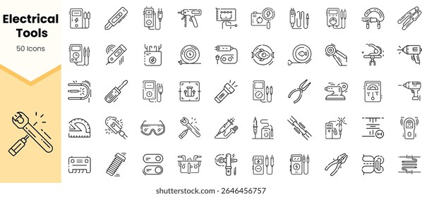 A collection of 50 black and white icons depicting various electrical tools, showcasing their detailed design and various functionalities.