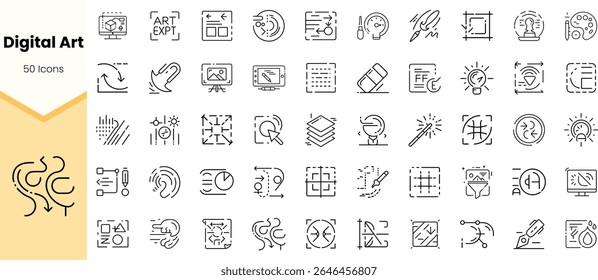 A collection of 50 black and white icons representing various aspects of digital art and design, showcasing creativity and modern aesthetic.