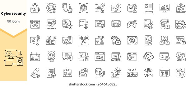 A collection of 50 black and white icons representing cybersecurity concepts, including locks, data protection, and online security tools, displayed in a modern layout.