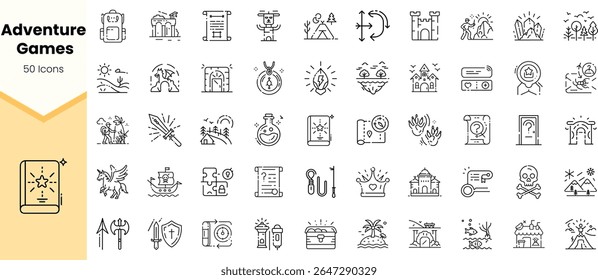 A collection of 50 black and white icons representing various adventure game elements, including treasure, quests, and fantasy landscapes, perfect for game design.