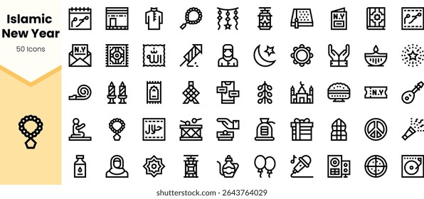 A collection of 50 black-line icons representing the Islamic New Year, showcasing diverse cultural symbols, celebrations, and traditional elements in a minimalist style.