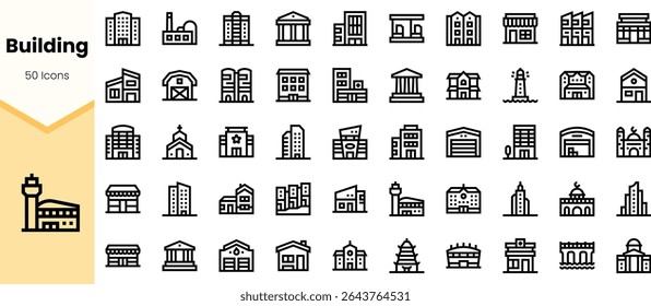 A collection of 50 building icons, featuring various architectural styles, including modern, historical, and functional designs, all in sleek line art.