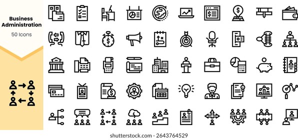 A collection of 50 business administration icons in a minimalist style, featuring symbols for management, finance, communication, and teamwork.