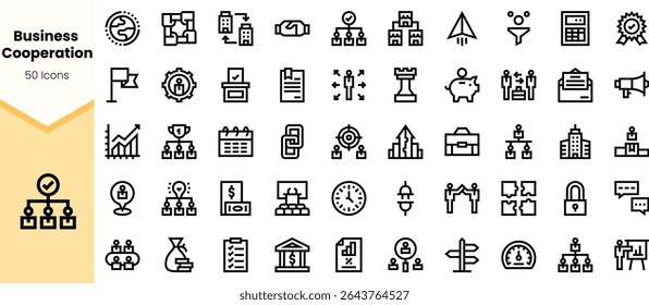 A collection of 50 business cooperation icons, featuring diverse elements like charts, teamwork, and growth symbols, showcasing a modern and professional design.