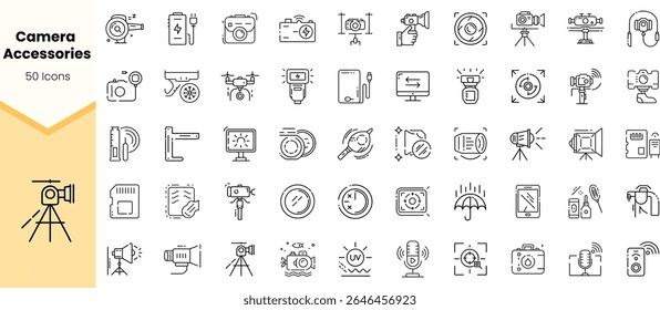 A collection of 50 camera accessory icons, featuring various tools like tripods, microphones, and lighting equipment, rendered in a clean, minimalist style.