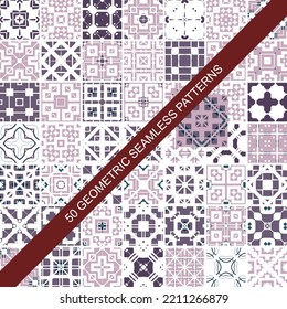 Colección de 50 patrones vectoriales inmaculados. Tonos elegantes y fondos orientales. Diseño creativo de mosaicos de azulejos. Gran conjunto de impresiones.	
