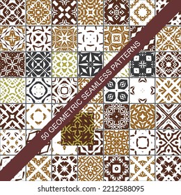 Sammlung von 50 farbenfrohen, nahtlosen Vektormustern. Elegante, orientalische Hintergrundbilder. Kreatives Fliesenmosaik-Design. Große Druckmenge.