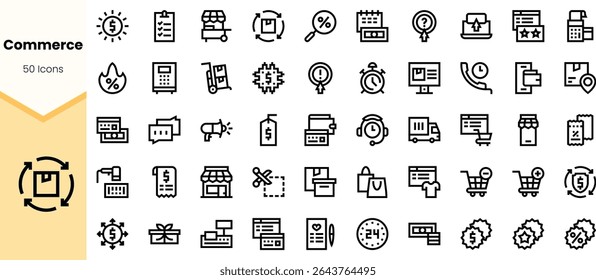A collection of 50 commerce icons featuring symbols for shopping, sales, and customer service in a modern line art style.