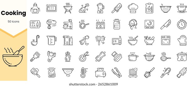A collection of 50 cooking icons, featuring various kitchen tools and appliances, perfect for food enthusiasts and culinary presentations.