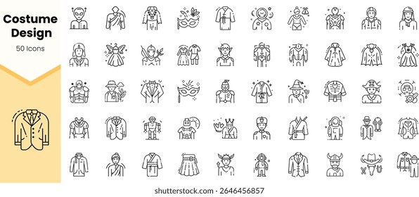 A collection of 50 costume design icons, featuring diverse styles and themes, ideal for creative projects and fashion illustrations.
