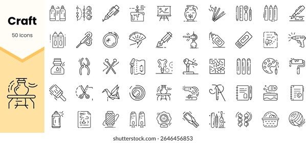 A collection of 50 craft-related icons in a minimalistic line art style, showcasing various tools and materials for creative projects and hobbies.