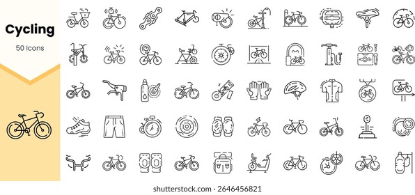 A collection of 50 cycling icons, featuring various bike types, accessories, and gear, showcasing the diverse aspects of cycling culture and equipment.