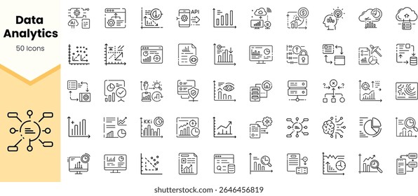 A collection of 50 data analytics icons in a minimalist style, showcasing various elements like graphs, charts, and digital interfaces, ideal for tech and business themes.