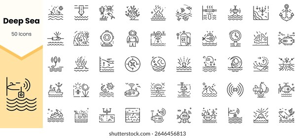 A collection of 50 deep sea-themed icons showcasing marine life and underwater exploration, featuring diverse designs in monochrome.