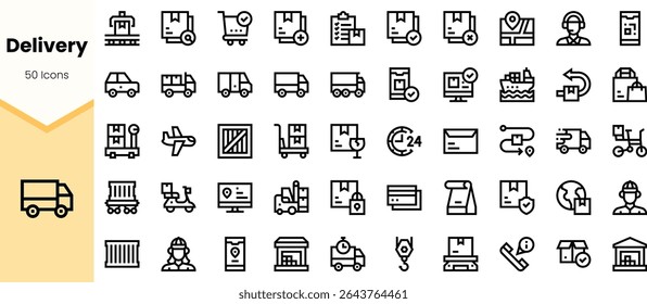 A collection of 50 delivery icons in a minimalistic design, featuring various transportation and logistics symbols, perfect for modern web and mobile applications.