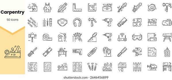 A collection of 50 detailed carpentry icons, featuring tools and equipment essential for woodworking and construction tasks.