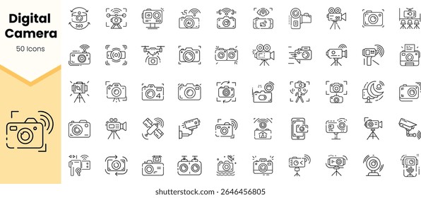 A collection of 50 digital camera icons featuring various styles including drones, webcams, and traditional cameras. Ideal for tech and photography themes.