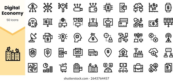 Uma coleção de 50 ícones da economia digital apresentando tecnologia, finanças e temas de dados, mostrando conceitos de negócios modernos em um design minimalista.